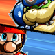 Mario and Bowser stare at each other in a cinematic from Mario Strikers: Battle League on Switch.